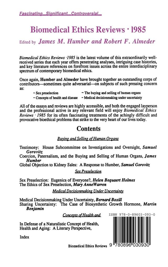 Weitere Ansicht: Biomedical Ethics Reviews - 1985