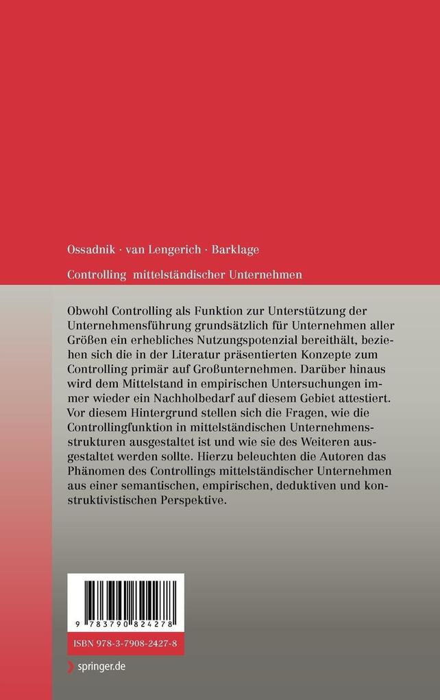 Weitere Ansicht: Controlling mittelständischer Unternehmen | Wolfgang Ossadnik, Ellen van Lengerich, David Barklage