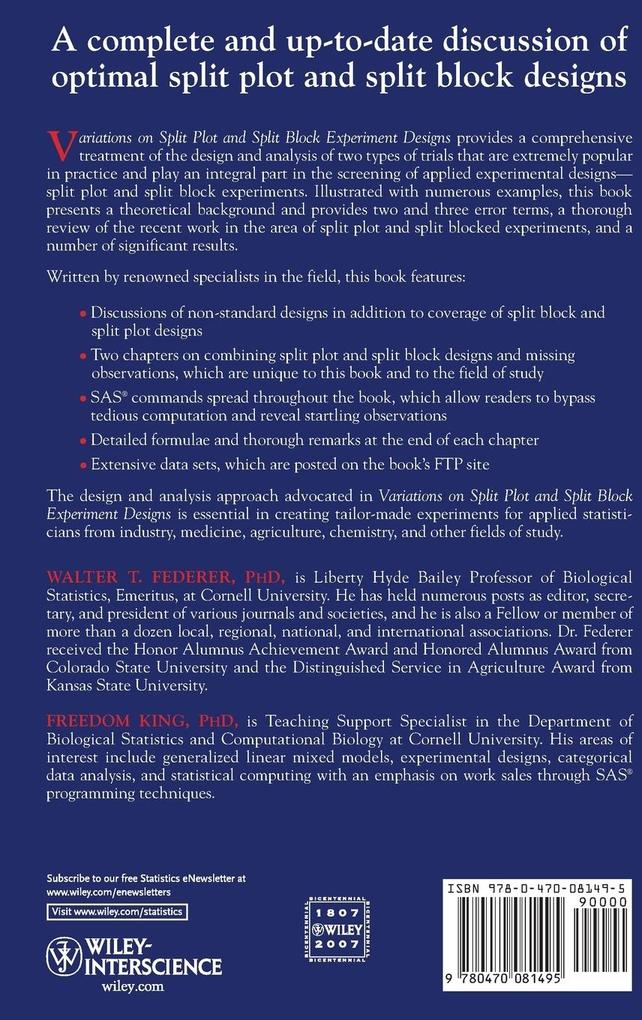 Weitere Ansicht: Variations on Split Plot and Split Block Experiment Designs | Freedom King, Walter T Federer