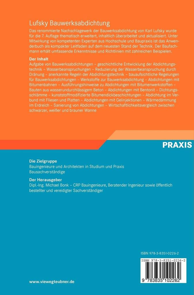 Weitere Ansicht: Lufsky Bauwerksabdichtung | Erich Cziesielski, Heinz Klopfer, Gottfried C. O. Lohmeyer, Ralf Ruhnau, Jürgen Schlicht