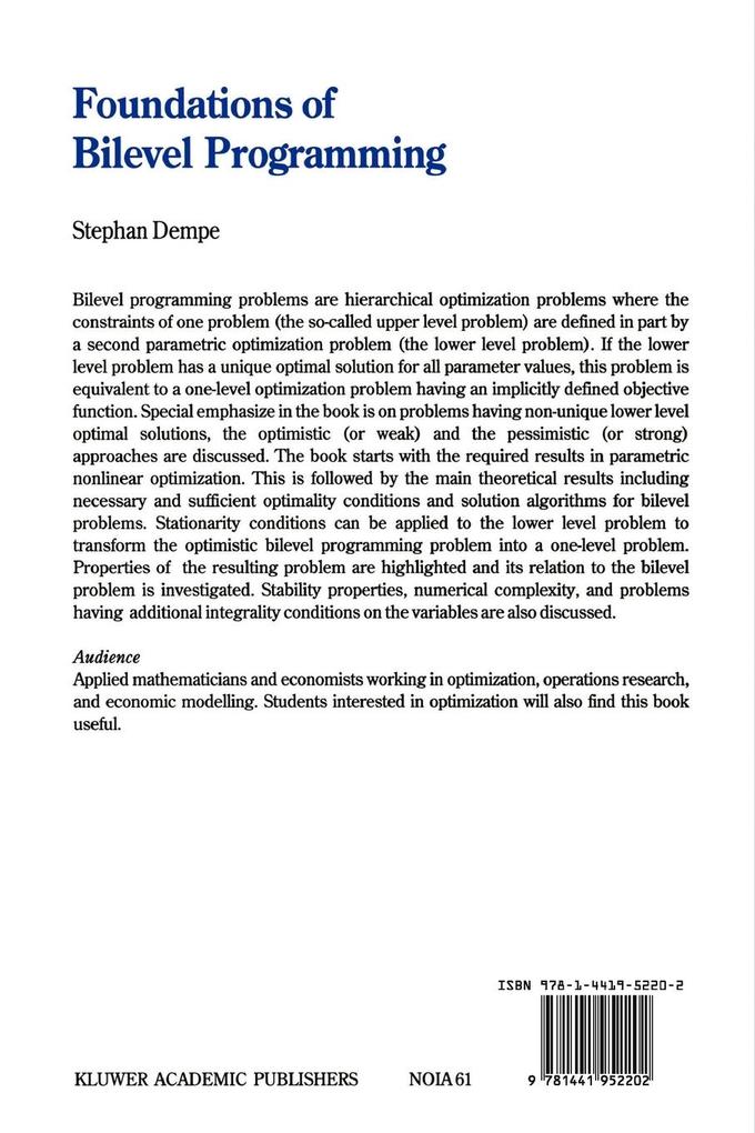 Weitere Ansicht: Foundations of Bilevel Programming | Stephan Dempe