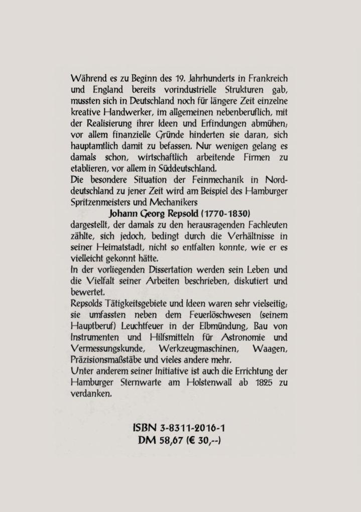 Weitere Ansicht: Der Hamburger Spritzenmeister und Mechaniker Johann Georg Repsold (1770-1830), ein Beispiel für die Feinmechanik im nord | Jürgen W. Koch