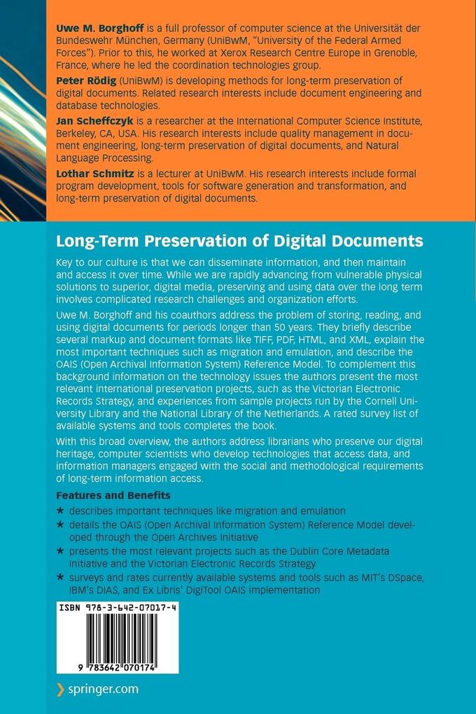 Weitere Ansicht: Long-Term Preservation of Digital Documents | Uwe M. Borghoff, Peter Rödig, Jan Scheffczyk, Lothar Schmitz