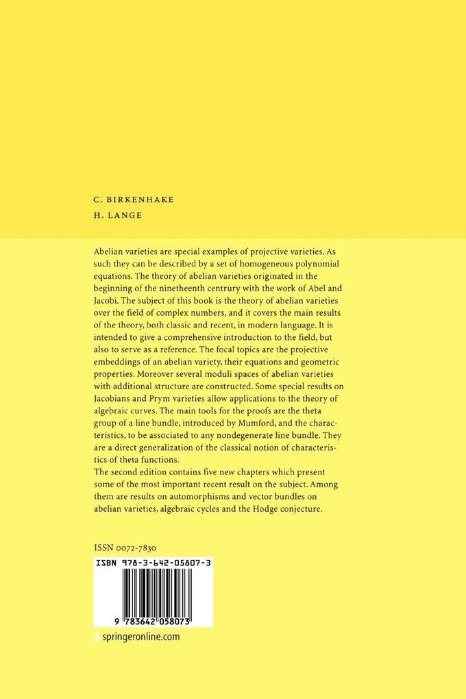 Weitere Ansicht: Complex Abelian Varieties | Christina Birkenhake, Herbert Lange