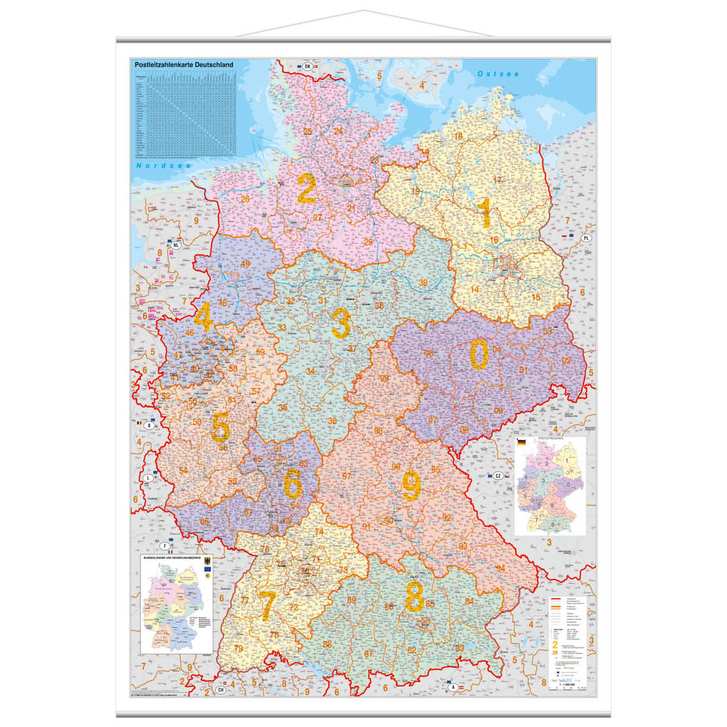 Weitere Ansicht: Postleitzahlen-Karte Deutschland 1 : 1 000 000. Wandkarte Kleinformat mit Metallstäben | Heinrich Stiefel