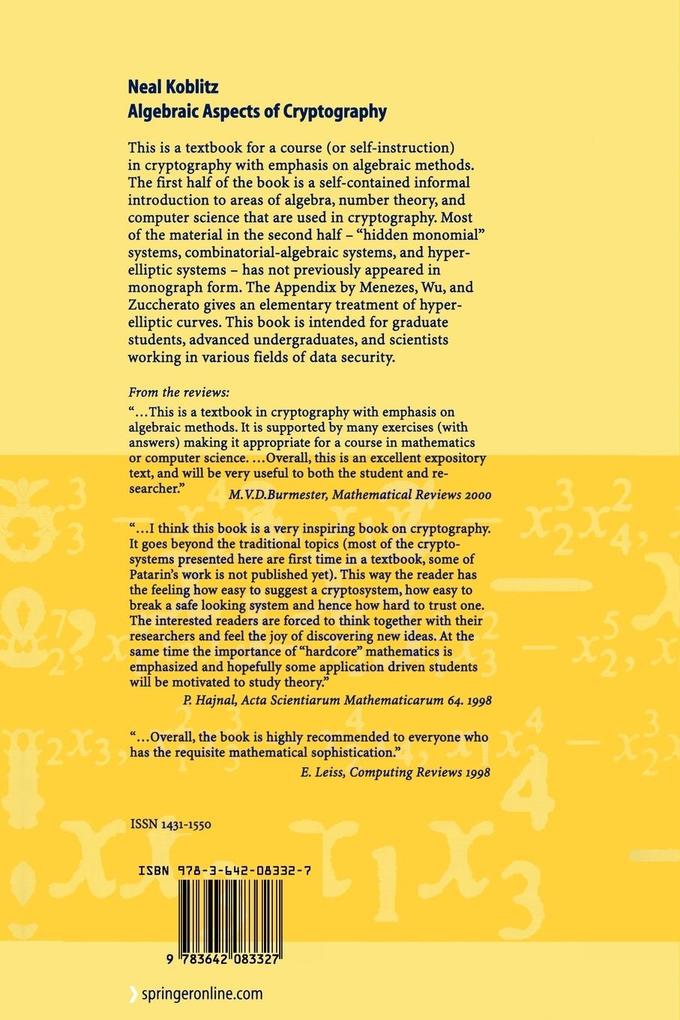 Weitere Ansicht: Algebraic Aspects of Cryptography | Neal Koblitz