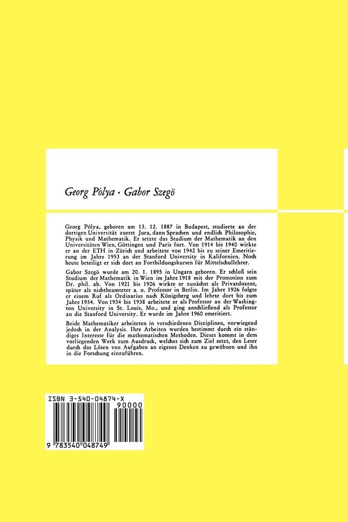 Weitere Ansicht: Aufgaben und Lehrsätze aus der Analysis | Georg Polya, Gabor Szegö