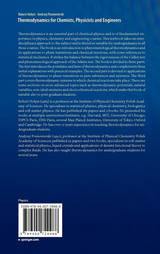 Weitere Ansicht: Thermodynamics for Chemists, Physicists and Engineers | Robert Hoyst, Andrzej Poniewierski, Robert Holyst