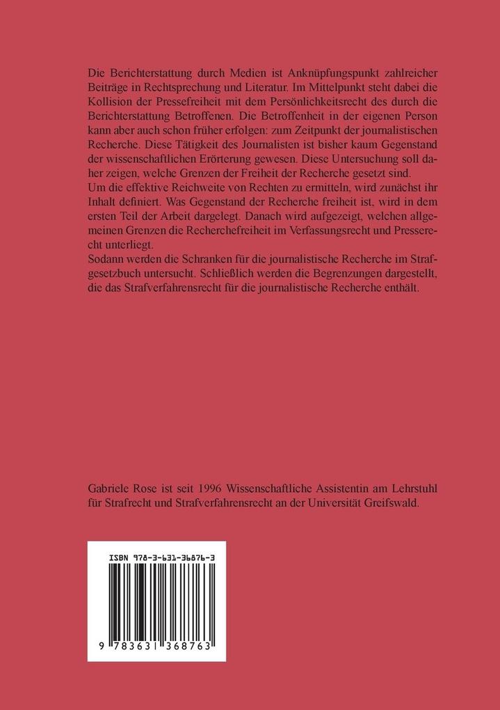 Weitere Ansicht: Grenzen der journalistischen Recherche im Strafrecht und Strafverfahrensrecht | Gabriele Rose