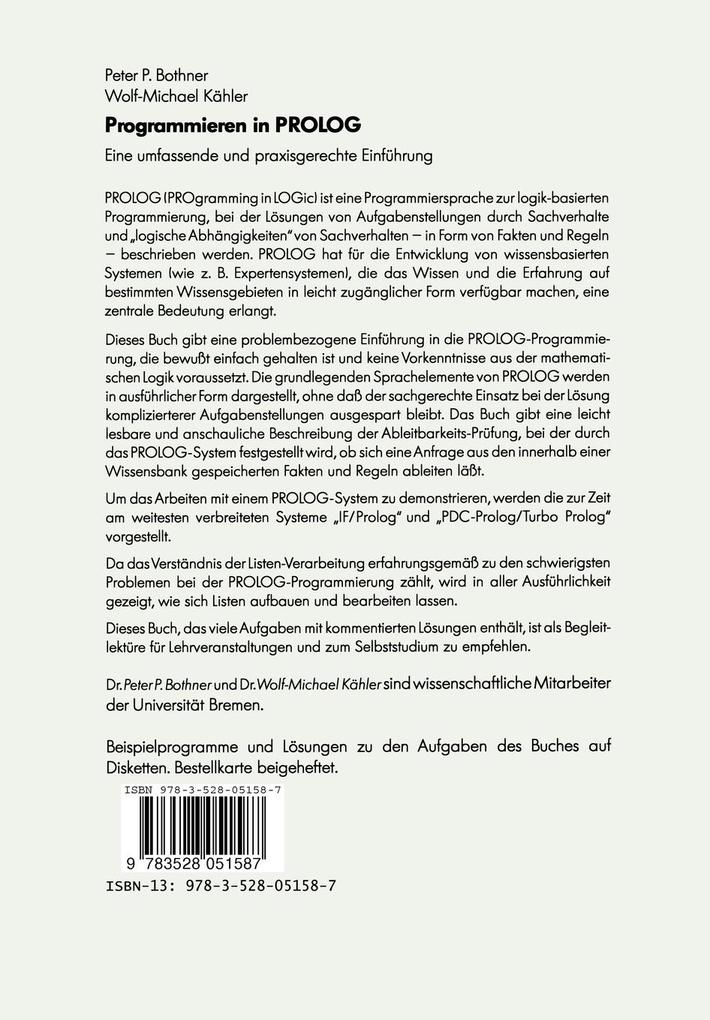 Weitere Ansicht: Programmieren in PROLOG | Peter P. Bothner, Wolf-Michael Kähler