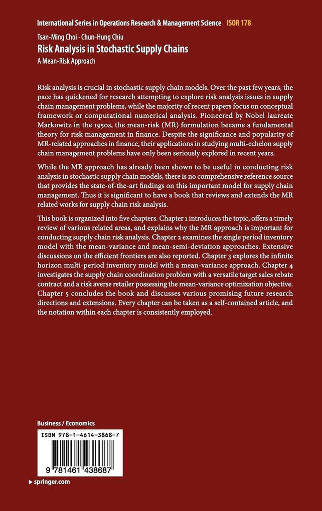 Weitere Ansicht: Risk Analysis in Stochastic Supply Chains | Tsan-Ming Choi, Chun-Hung Chiu