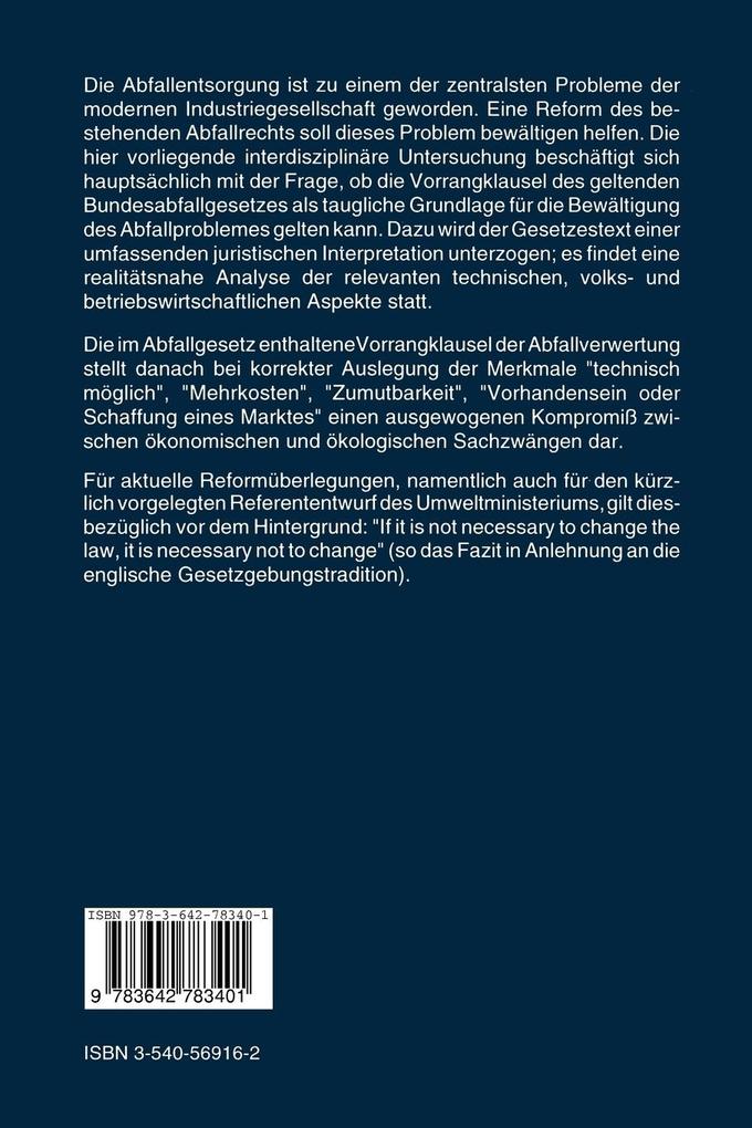 Weitere Ansicht: Vorrang der Abfallverwertung | Cornelia Asbeck-Schröder, Thomas Mann, Peter J. Tettinger