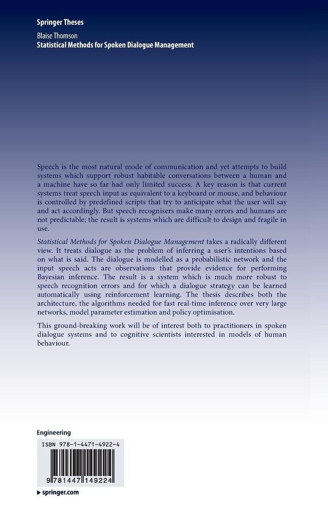 Weitere Ansicht: Statistical Methods for Spoken Dialogue Management | Blaise Thomson