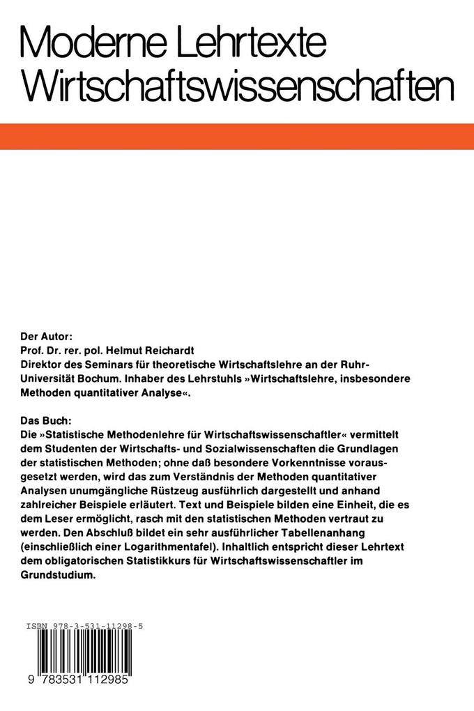 Weitere Ansicht: Statistische Methodenlehre für Wirtschaftswissenschaftler | Helmut Reichardt