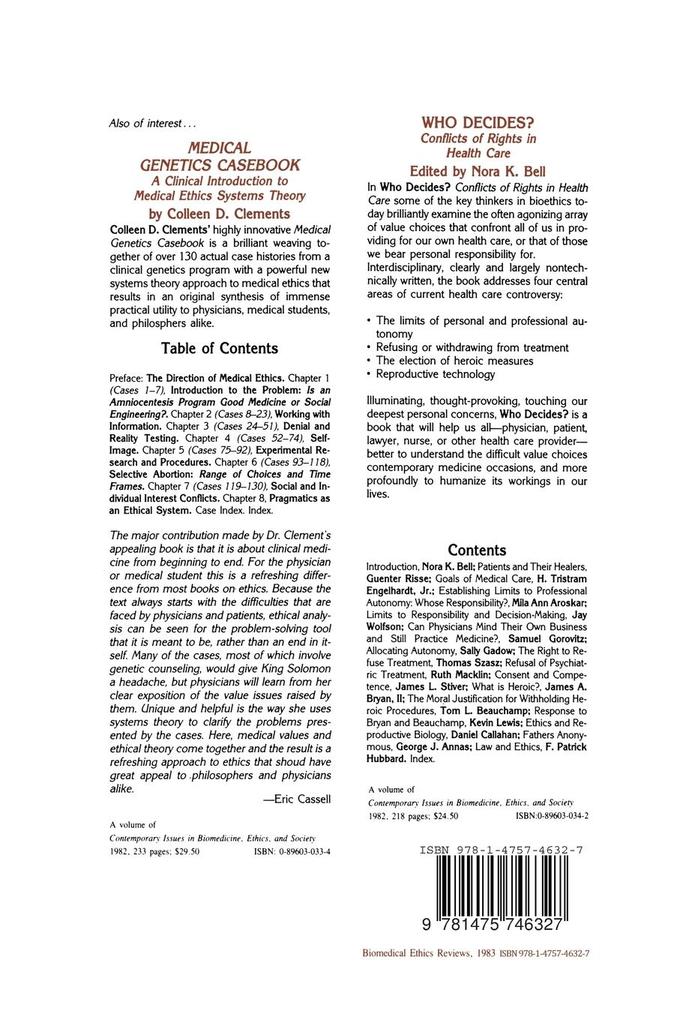 Weitere Ansicht: Biomedical Ethics Reviews · 1983