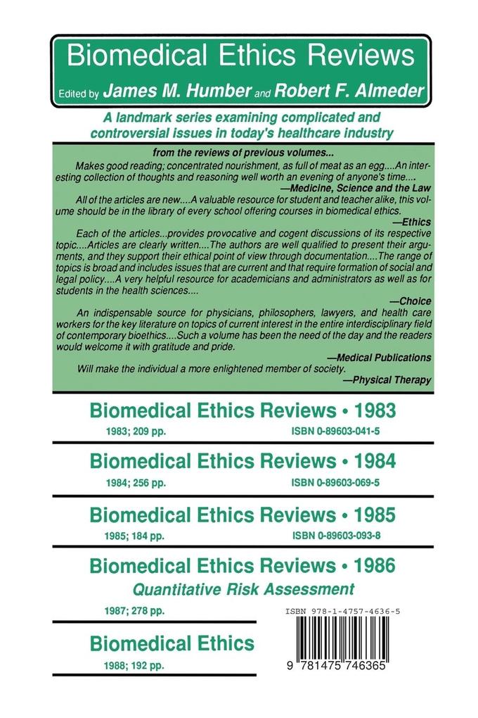 Weitere Ansicht: Biomedical Ethics Reviews · 1987