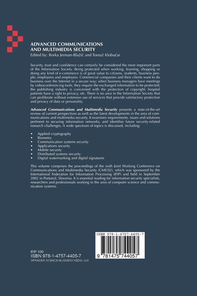 Weitere Ansicht: Advanced Communications and Multimedia Security
