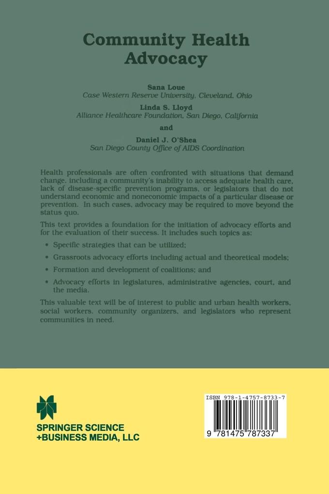 Weitere Ansicht: Community Health Advocacy | Linda S. Lloyd, Sana Loue, Daniel J. O'Shea