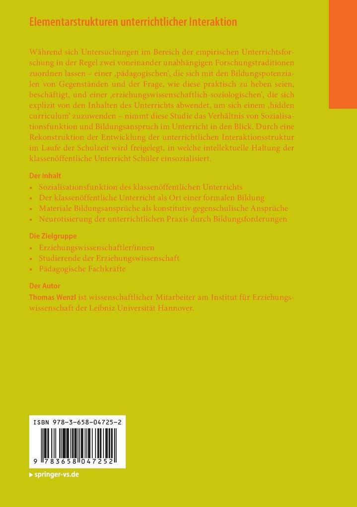 Weitere Ansicht: Elementarstrukturen unterrichtlicher Interaktion | Thomas Wenzl
