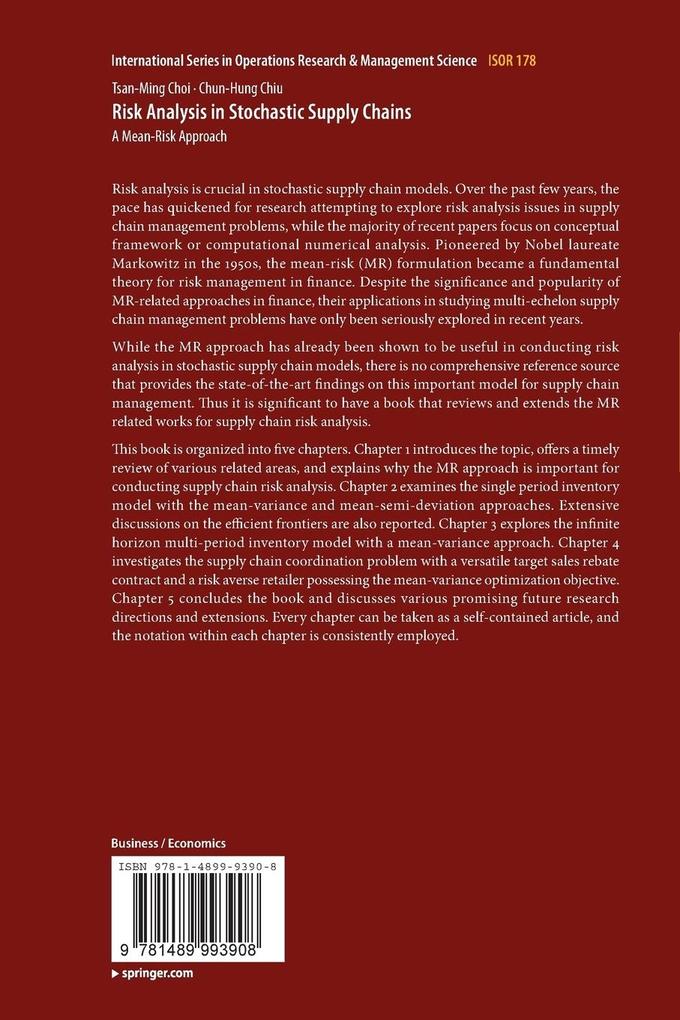 Weitere Ansicht: Risk Analysis in Stochastic Supply Chains | Chun-Hung Chiu, Tsan-Ming Choi
