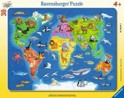 Weltkarte mit Tieren. Rahmenpuzzle 30 Teile