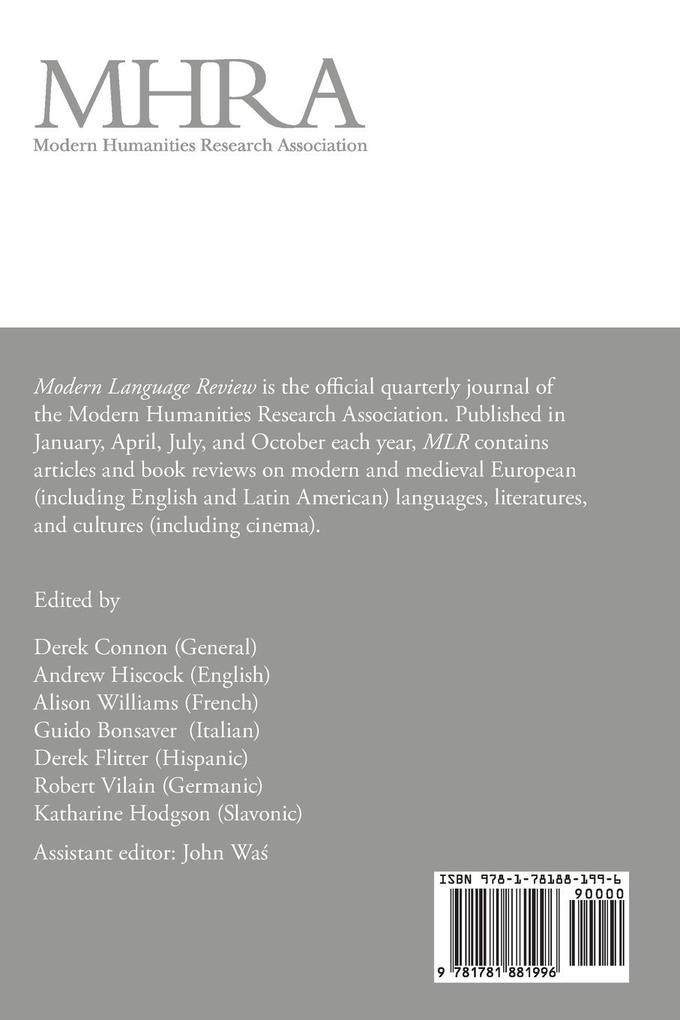 Weitere Ansicht: Modern Language Review (110