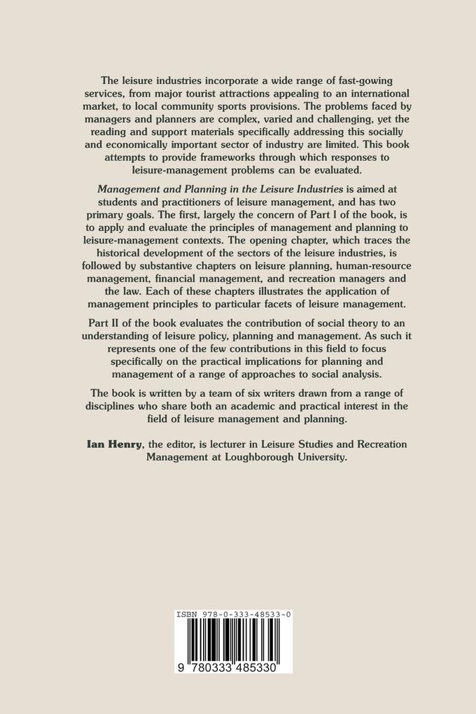 Weitere Ansicht: Management and Planning in the Leisure Industries | Ian Henry
