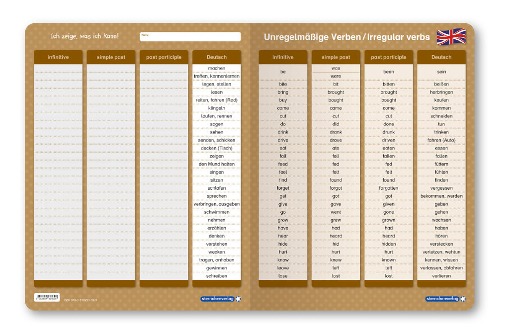 Weitere Ansicht: Unregelmäßige Verben / irregular Verbs - Zeitformen - 1 Doppelfeld mit Stift | Katrin Langhans, sternchenverlag GmbH