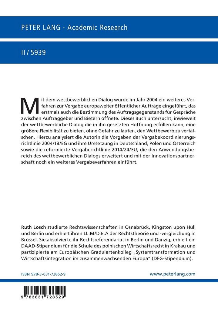 Weitere Ansicht: Die Funktion des wettbewerblichen Dialogs in Deutschland, Polen und Österreich im Lichte des Europäischen Vergaberechtsregimes | Ruth Losch