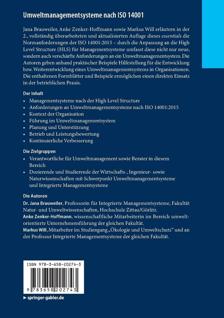 Weitere Ansicht: Umweltmanagementsysteme nach ISO 14001 | Jana Brauweiler, Anke Zenker-Hoffmann, Markus Will