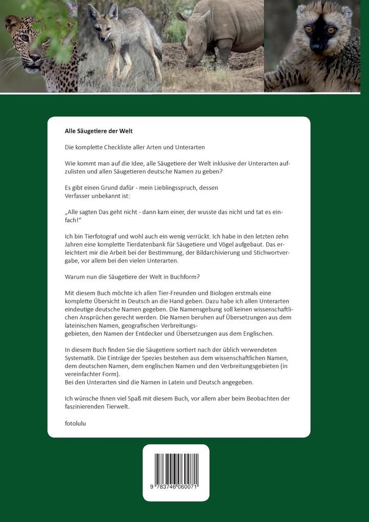 Weitere Ansicht: Alle Säugetiere der Welt | Fotolulu