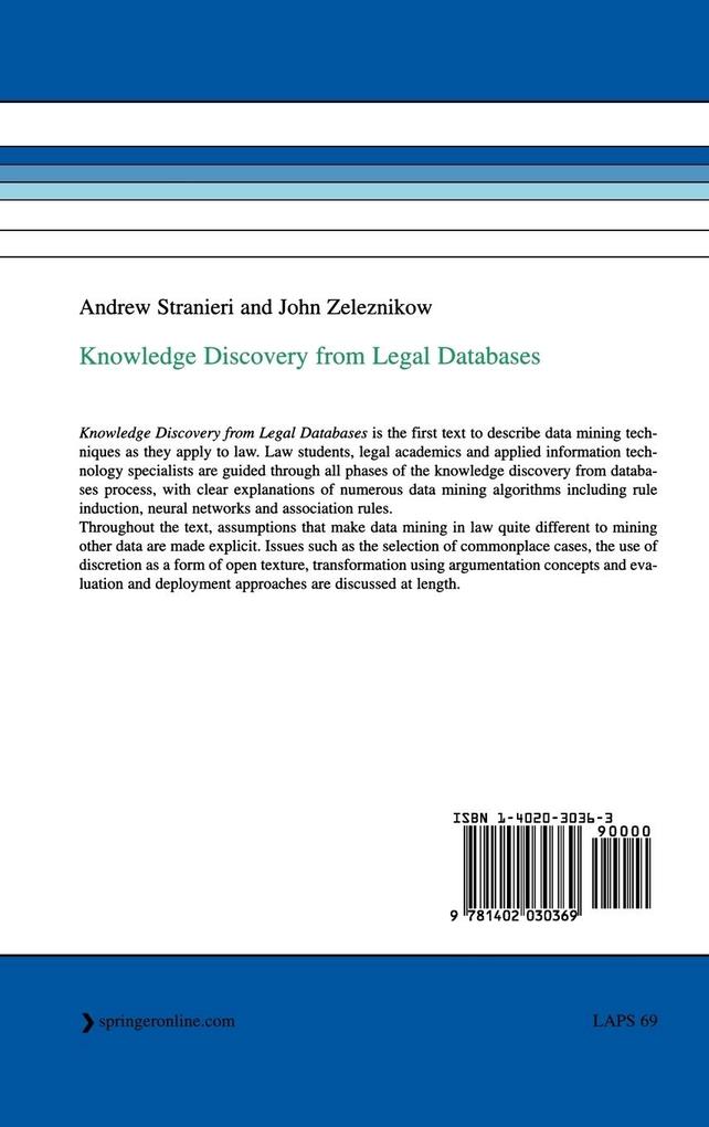 Weitere Ansicht: Knowledge Discovery from Legal Databases | Andrew Stranieri, John Zeleznikow
