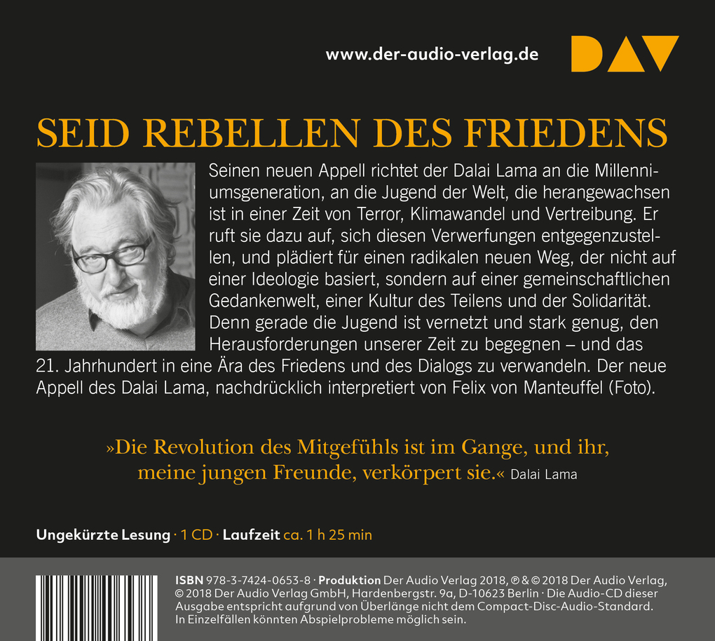 Weitere Ansicht: Der neue Appell des Dalai Lama an die Welt. Seid Rebellen des Friedens,1 Audio-CD | XIV. Dalai Lama, Sofia Stril-Rever