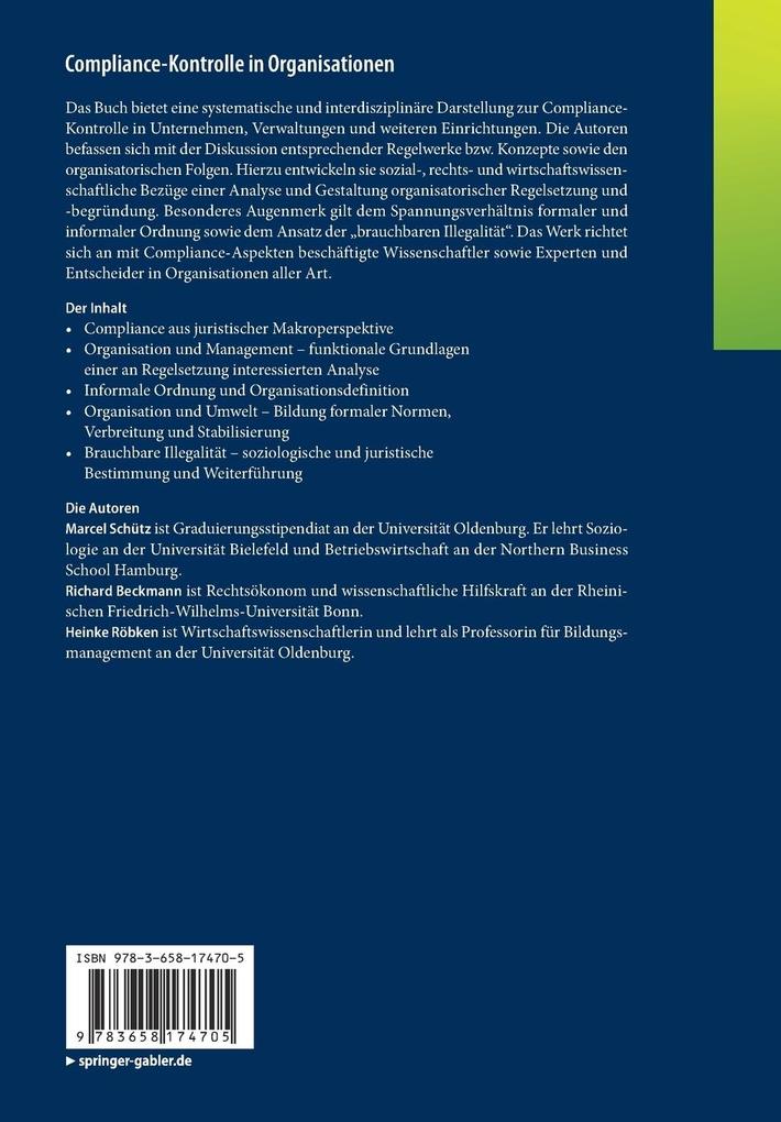 Weitere Ansicht: Compliance-Kontrolle in Organisationen | Marcel Schütz, Richard Beckmann, Heinke Röbken