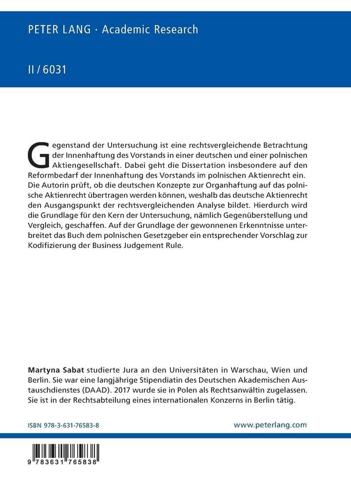 Weitere Ansicht: Die Innenhaftung des Vorstands in einer Aktiengesellschaft - eine rechtsvergleichende Betrachtung zum deutschen und polnischen Recht | Martyna Sabat