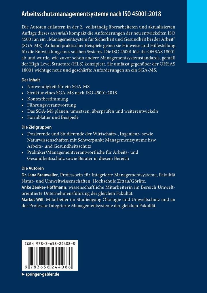 Weitere Ansicht: Arbeitsschutzmanagementsysteme nach ISO 45001:2018 | Jana Brauweiler, Anke Zenker-Hoffmann, Markus Will