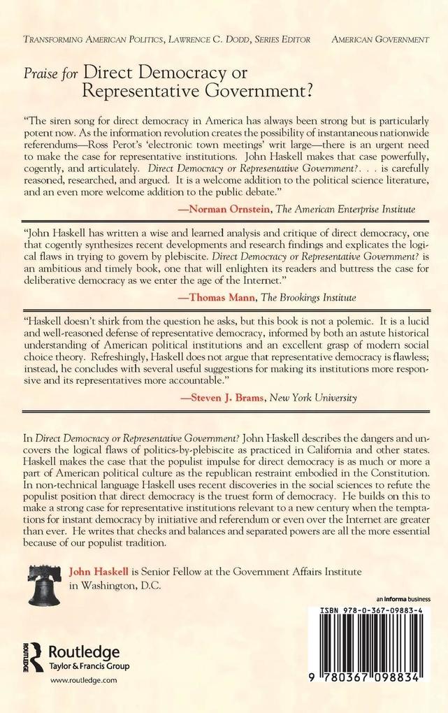 Weitere Ansicht: Direct Democracy Or Representative Government? Dispelling The Populist Myth | JOHN HASKELL