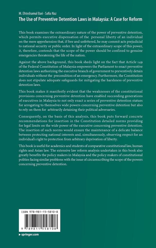 Weitere Ansicht: The Use of Preventive Detention Laws in Malaysia: A Case for Reform | M. Ehteshamul Bari, Safia Naz