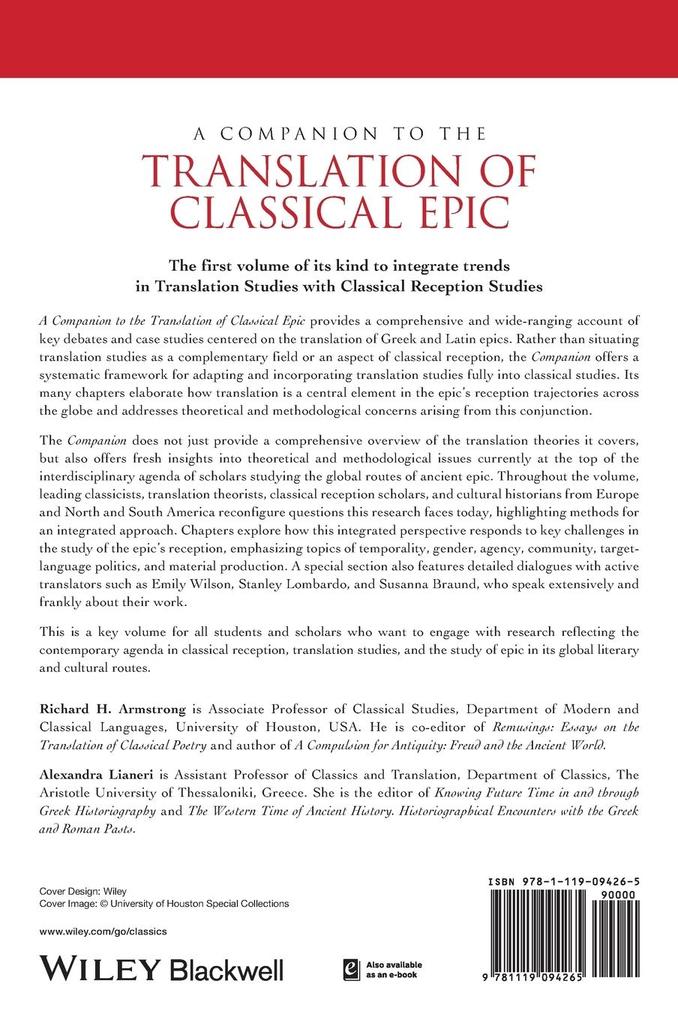 Weitere Ansicht: A Companion to the Translation of Classical Epic | Richard H Armstrong, Alexandra Lianeri