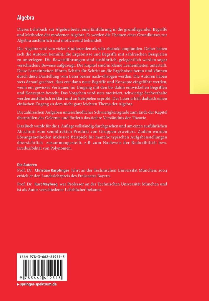 Weitere Ansicht: Algebra | Christian Karpfinger, Kurt Meyberg