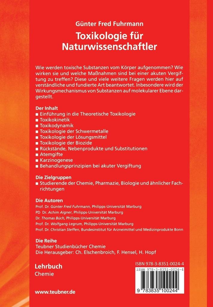 Weitere Ansicht: Toxikologie für Naturwissenschaftler | Günter Fred Fuhrmann