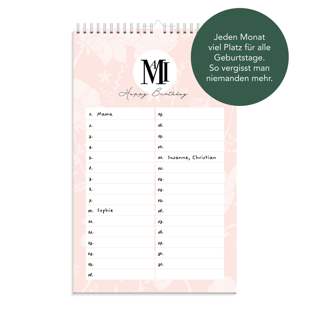 Weitere Ansicht: Geburtstagskalender immerwährend | Jahresunabhängiger Kalender für Geburtstage in rosa | Geburtstagsübersicht zum Aufhängen mit Spiralbindung für die Familie und fürs Büro | Lisa Wirth