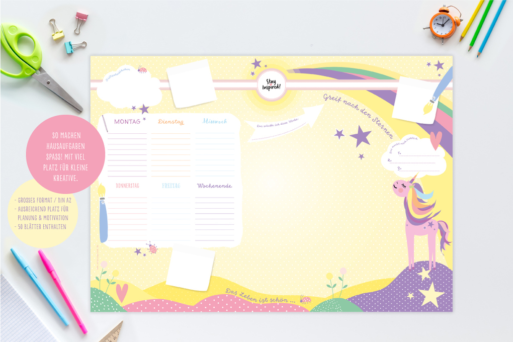 Weitere Ansicht: Schreibtischunterlage Kinder aus Papier in Gelb / Rosa mit Einhorn Motiv | 50 Blatt zum Abreißen in DIN A2 | Lisa Wirth