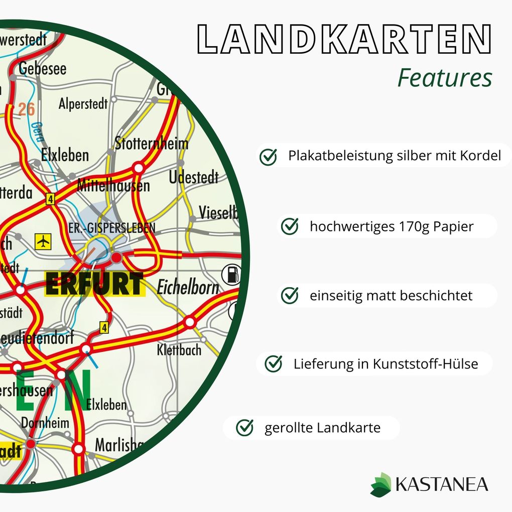 Weitere Ansicht: Kastanea Buchstabier-Straßenkarte Deutschland nach DIN 5009, DIN A0 (84 x 119 cm), Papierkarte besch | Kastanea GmbH