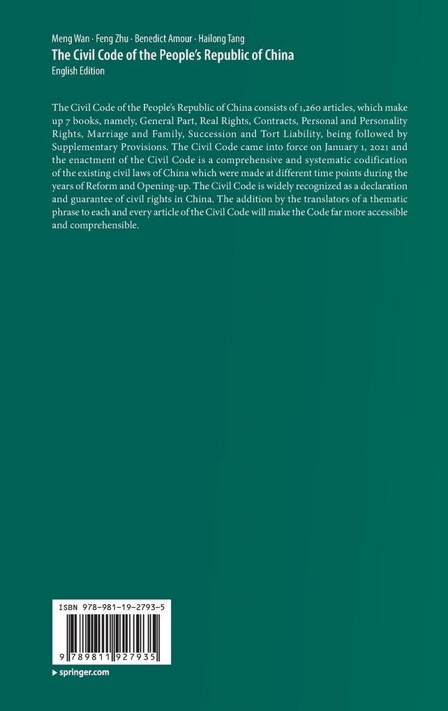 Weitere Ansicht: The Civil Code of the People's Republic of China | Meng Wan, Feng Zhu, Benedict Amour, Hailong Tang