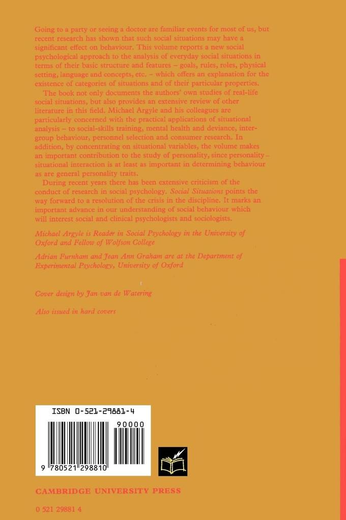 Weitere Ansicht: Social Situations | Michael Argyle, Jean A. Graham, Adrian Furnham