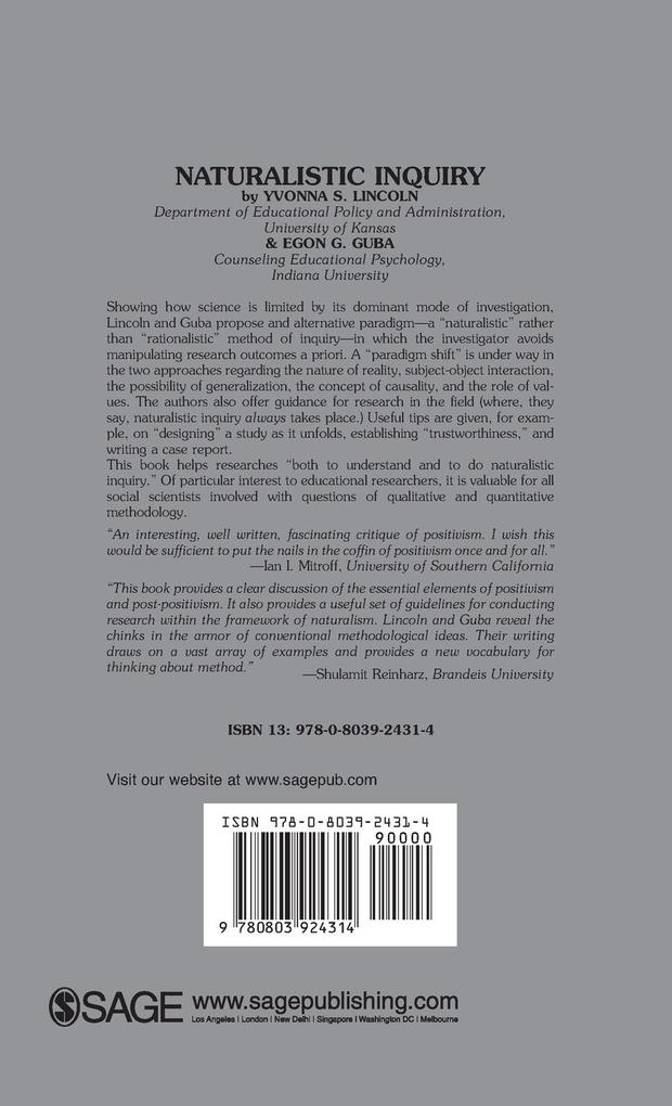 Weitere Ansicht: Naturalistic Inquiry | Yvonna S. Lincoln, Egon G. Guba