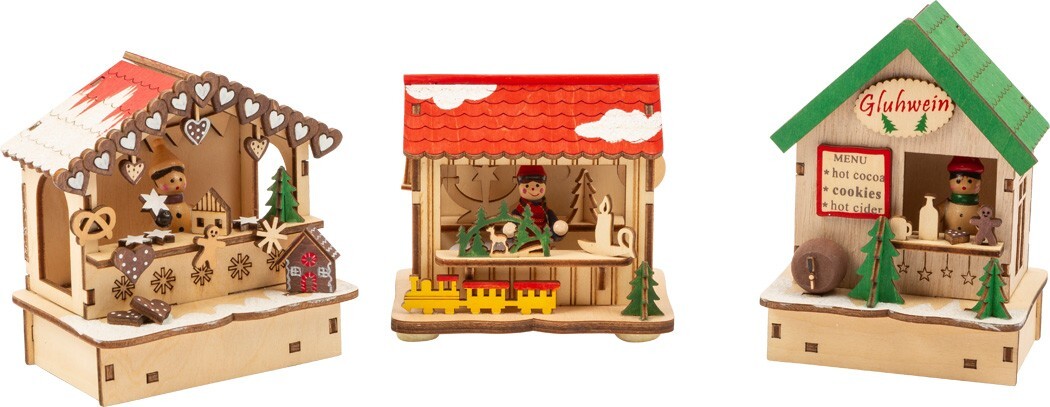 Produktbild: Small foot 11390 - Weihnachtsmarkt-Hütten mit Beleuchtung, 3-teilig, Deko, Holz