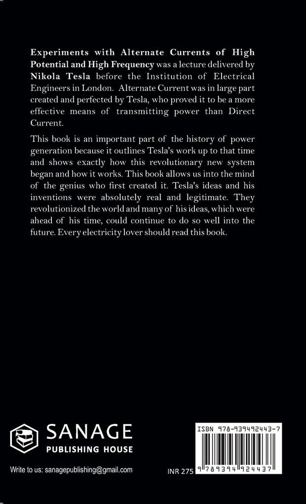 Weitere Ansicht: Experiments with Alternate Currents of High Potential and High Frequency | Nikola Tesla