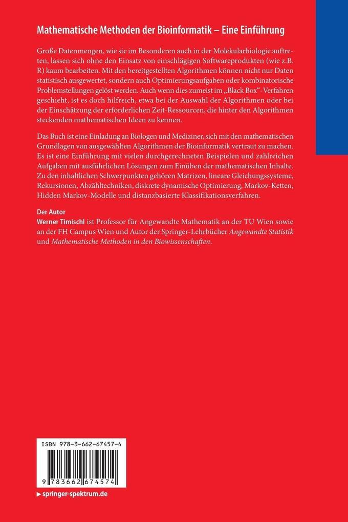 Weitere Ansicht: Mathematische Methoden der Bioinformatik - Eine Einführung | Werner Timischl